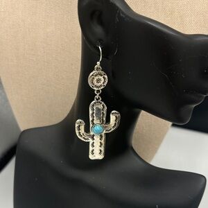 Vintage Turquoise Accent Silver Cactus Drop Earrings - Women Jewelry